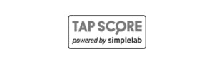 Logotipo de Tap Score, powered by SimpleLab, indicando análisis de agua de calidad.