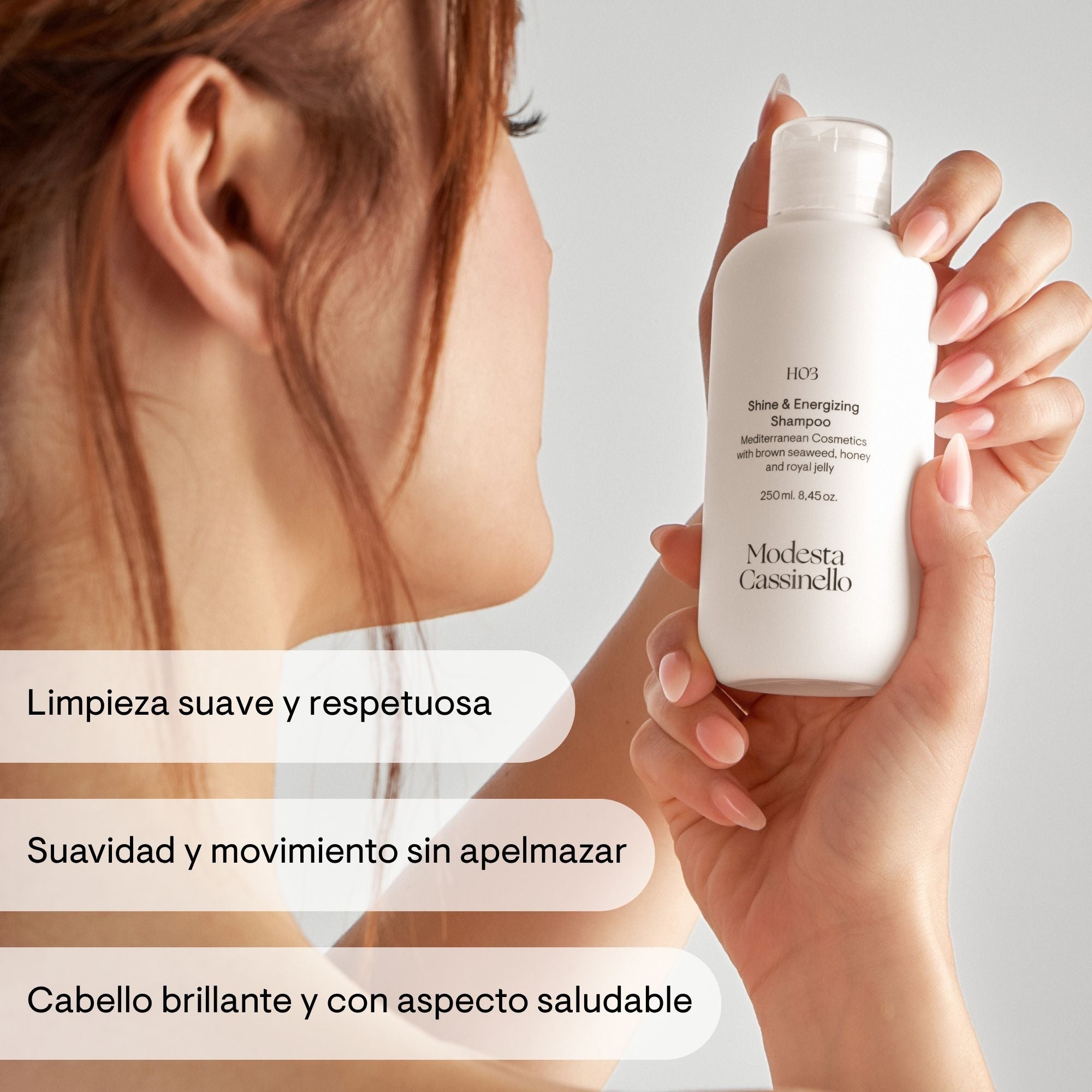 Champú de brillo y vitalidad H03 de Modesta Cassinello para limpieza suave, cabello brillante con movimiento y aspecto saludable sin apelmazar