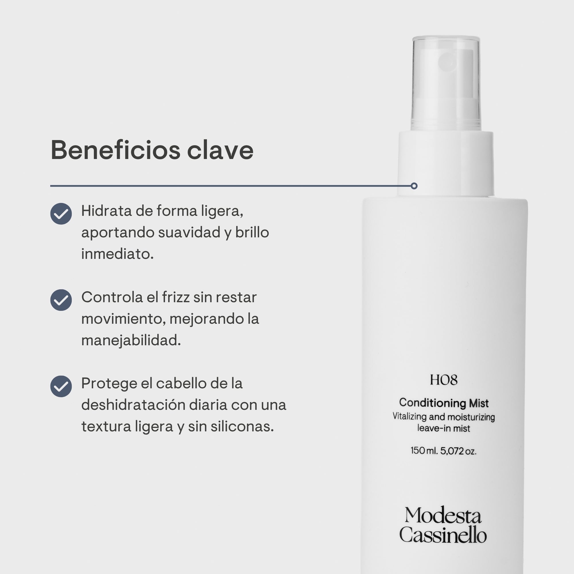 Bruma acondicionadora leave-in H08 de Modesta Cassinello, hidrata de forma ligera, controla el frizz sin restar movimiento y protege el cabello de la deshidratación diaria sin siliconas