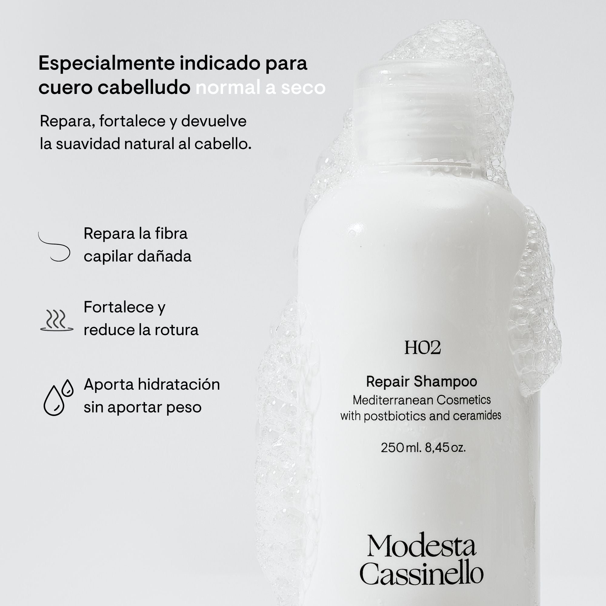 Champú reparador H02 de Modesta Cassinello con postbióticos y ceramidas para cuero cabelludo normal a seco, repara la fibra capilar y reduce la rotura