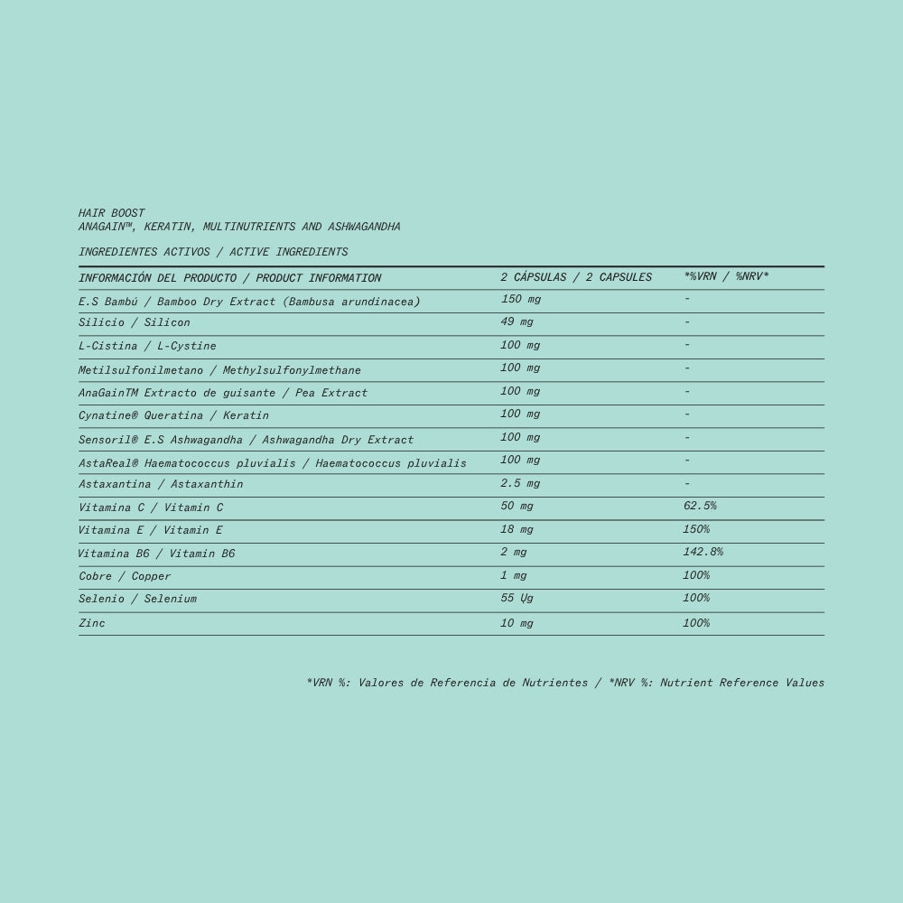 Tabla nutricional de complemento alimenticio para el cabello de Modesta Cassinello, Hair Boost.