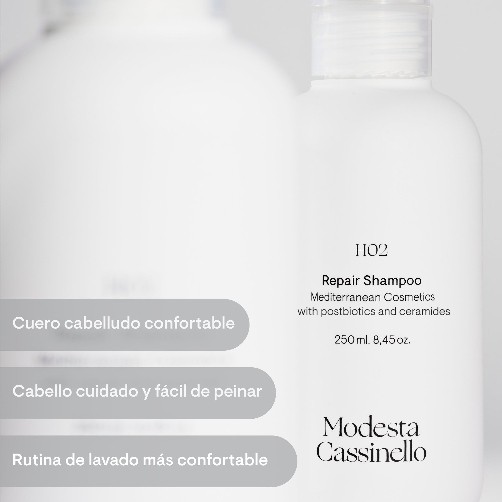 Bote del champú reparador H02 Repair Shampoo de Modesta Cassinellopara cuero cabelludo confortable y cabello fácil de peinar 