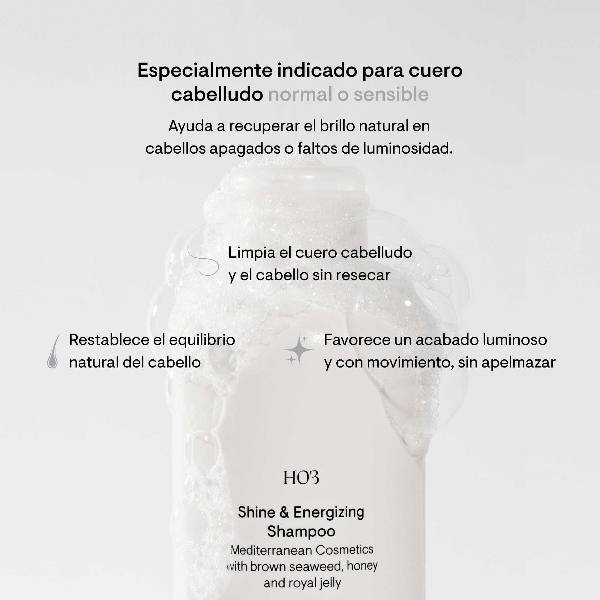Champú de brillo H03 de Modesta Cassinello especialmente indicado para cuero cabelludo normal o sensible, recupera el brillo natural en cabellos apagados sin resecar