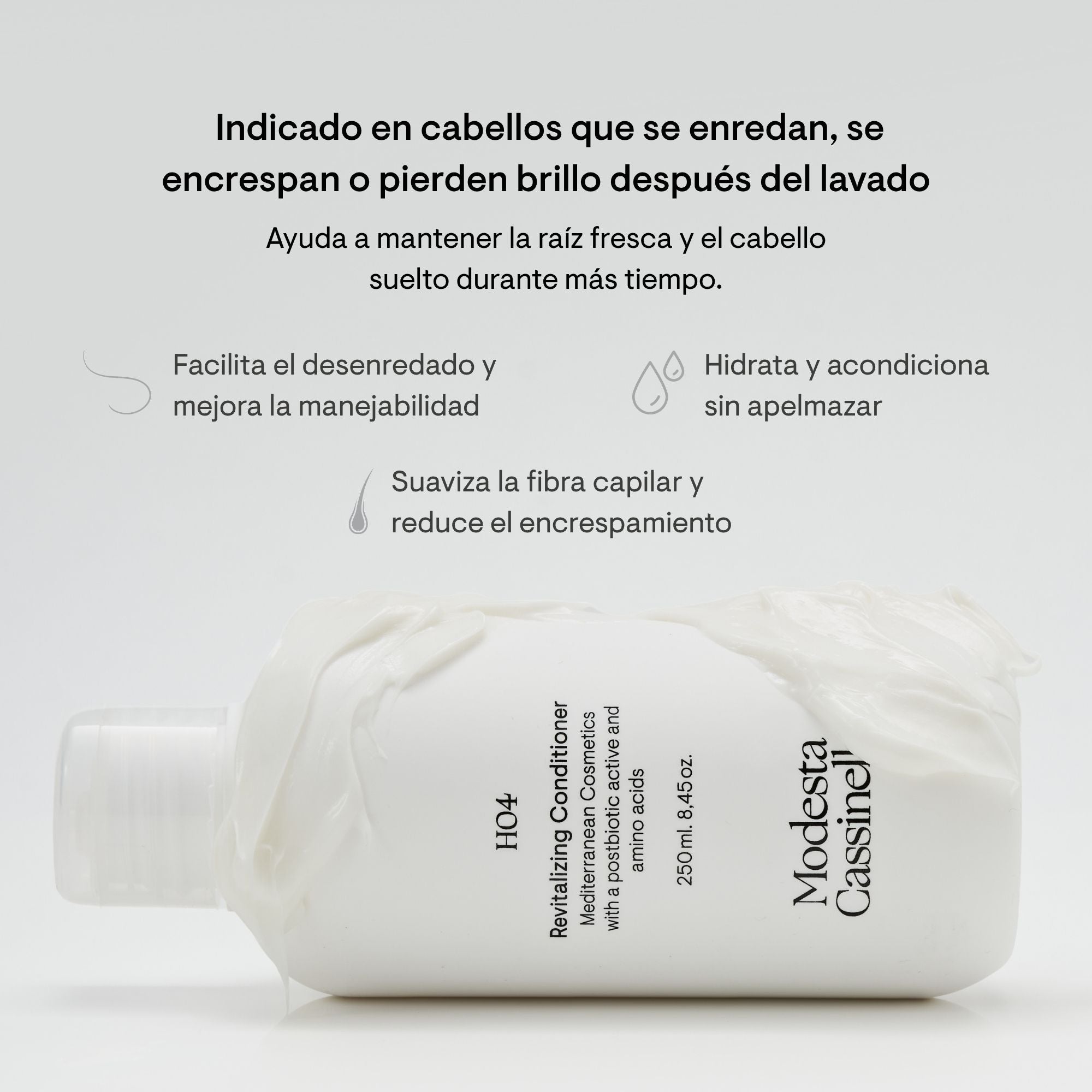 Acondicionador revitalizante H04 de Modesta Cassinello con postbióticos y aminoácidos, indicado para cabellos que se enredan, encrespan o pierden brillo tras el lavado