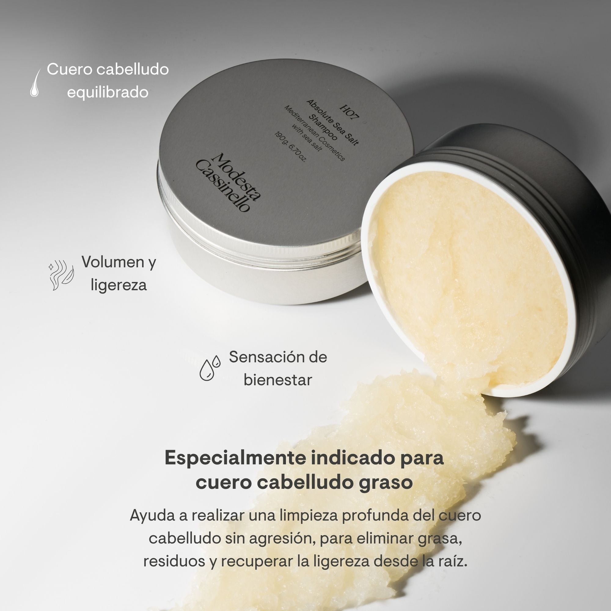 Lata abierta del champú de sal marina H07 de Modesta Cassinello mostrando su textura, especialmente indicado para cuero cabelludo graso, aporta volumen, ligereza y sensación de bienestar