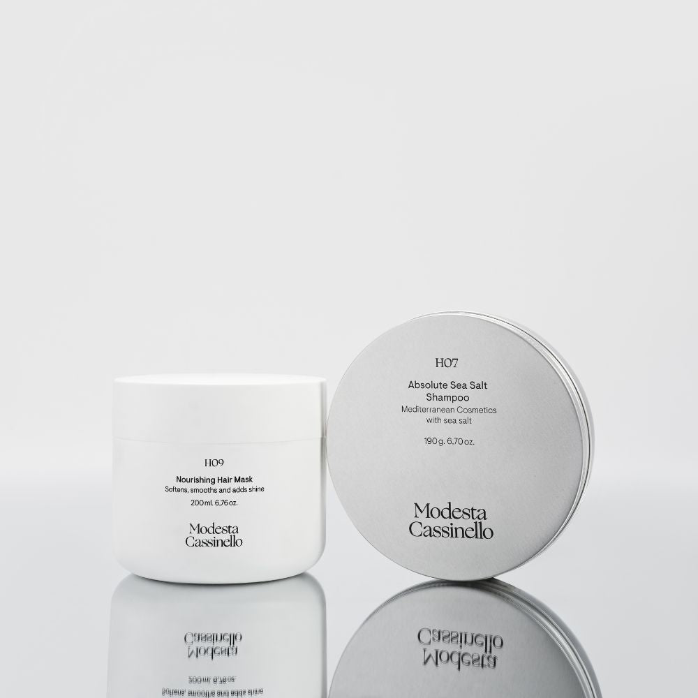H07 champú con sal marina y H09 mascarilla nutritiva para cabello Modesta Cassinello